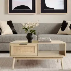 LuxenHome White Oak Finish Wood and Rattan Coffee Table Brown