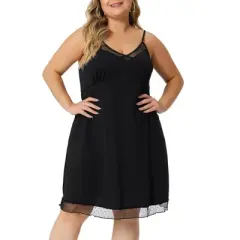 Agnes Orinda Women's Plus Size V Neck Spaghetti Strap Adjustable Mesh Panel Hem Sleeveles Lace Trim Nightgown