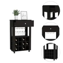 Gulches Black Bar Cart with Wine Rack & Glass Holder
