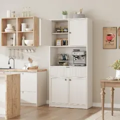 70" Fluted Pantry Cabinet - Storage w/ Countertop, Doors & Drawer for Kitchen & Dining Room
