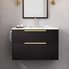 Hyleory 36 inch Wall Mounted Bathroom Vanity with Resin Sink Two Large Storage Drawers and Side Towel Rack