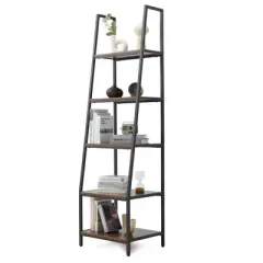 JOMEED CC80 Industrial Freestanding Durable 72 Inch 5 Tier Open Shelf Ladder Bookcase with Rubber Feet and Wall Bracket, Gray and Brown