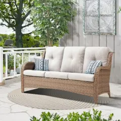 POCASSY 74" Wide Outdoor Wicker Patio Sofa with Cushions, All Weather Yellow Wicker Furniture Sofa 3 Seater Couch for Porch, Deck, Balcony