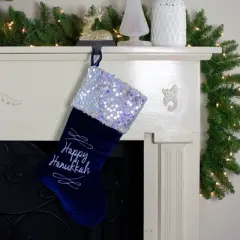 Northlight 19" Navy Blue and Silver Embroidered Happy  Stocking with Sequin Cuff