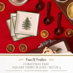 Portmeirion Christmas Tree Tidbit Square Plates (Set of 4) - 5" Ceramic Plates for Canap&eacute;s, Sweets, and Desserts - Dishwasher, Microwave, Freezer Safe