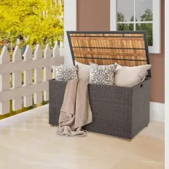 WELLFOR 134gal Patio Storage Bench PE Rattan Storage Box with Solid Wood Top