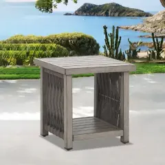 COWLOWN Outdoor Aluminum Side Table with Slatted Top & Lower Shelf, All-Weather Patio End Table with Faux Wood Finish for Garden, Balcony, or Porch