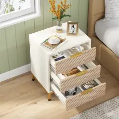 Resenkos Night Stands for Bedrooms, White and Gold Light Wood Grain Nightstands with 3 Drawers Bedside End Tables Storage for Living Room Brown