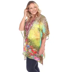Women's Plus Size Animal Print Caftan with Tie-up Neckline - One Size Fits Most Plus - White Mark