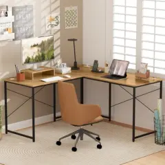 Tangkula L-Shaped Computer Desk with Power Outlets 95&rdquo; Long 2-Person Desk with Monitor Shelf Modern Corner Desk Gaming Table with USB Ports Natural