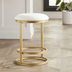 55 Downing Street Gold Bar Stool 26" High Modern White Fabric Cushion with Footrest for Kitchen Counter Height Island Home House