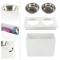 Elevated Dog Bowls with Storage - 16-Inch-Tall Feeding Tray with Hidden Storage Space for Pet Supplies - 50oz Capacity Bowls by PETMAKER (White)