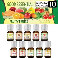 Good Essential Fruity Fruits Fragrance Oil Set Pack of 10 - 5ml - Strawberry, Apple, Watermelon, Pineapple, Cucumber, Mango, Peppermint, Lemon & More