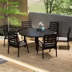 LeisureMod Chelsea 7-Piece Patio Dining Set, 60" Round Aluminum Dining Table and 6 Dining Armchair