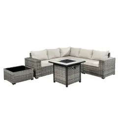 XIZZI 7PCS Patio Furniture Set, Outdoor Sectional Sofa, PE Rattan Wicker Couch, Outside Conversation Sets with Fire Pit Table and Coffee Table, Beige