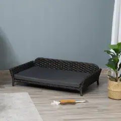 PawHut Rattan Dog Sofa, Wicker Pet Bed, Raised Cat Couch, with Steel Frame, Washable Cushion, Indoor & Outdoor Use, for Large and Medium Dog, Gray