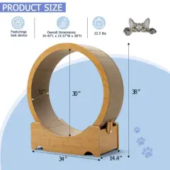 FURNIinspire Pet Tower Cat Exercise Wheel, Wooden Cat Treadmill Lock, Silent Caster, Cat Running Wheel for Indoor Kittens, Brown, 34"*14.4"*38"