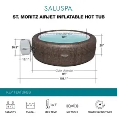 Bestway SaluSpa St. Moritz AirJet 2 to 7 Person Inflatable Hot Tub Round Portable Outdoor Spa with 180 Soothing AirJets and Cover, Brown
