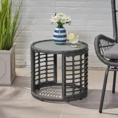 GDFStudio Achill Circular Outdoor Wicker and Tempered Glass Side Table