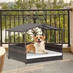 Tangkula Wicker Dog House w/ Cushion Lounge Raised Rattan Bed for Indoor/Outdoor