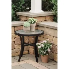 Garden Elements Bellevue Round Aluminum Patio Accent Table with Glass Top, Mocha, 20"