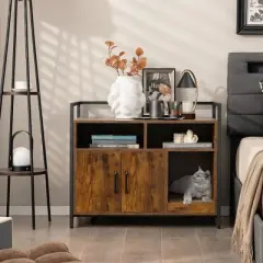 Tangkula Large Litter Box Enclosure Cat Wooden Storage Cabinet with 2 Doors Coffee