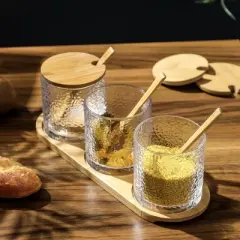 Slickblue Stylish Hammered Clear Glass Condiment Jars, Set of 3, 11 oz, Handmade, Dishwasher Safe