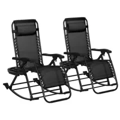 TIRAMISUBEST 2-Pack Zero Gravity Rocking Chairs, Foldable Outdoor Lounge Recliners with Pillow, Cup Holder & Phone Pocket, Black