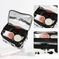 Unique Bargains Black White Double Layer Makeup Bag Cosmetic Travel Bag Case Large Makeup Bag Make Up Organizer Bag for Women Cows Texture 1 Pc