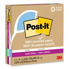 Post-it Notes Super Sticky 100% Recycled Paper Super Sticky Notes, Ruled, 4" x 4", Oasis, 70 Sheets/Pad, 3 Pads/Pack