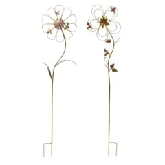 Transpac Metal Bee Flower Yardstakes Set of 2 Decorative Garden Stakes with Bird Figurines for Indoor and Outdoor Use