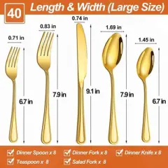 BRINJOY 40-Piece Gold Flatware Set with Minimalist Stripe Handles - 8-Person Stainless Steel Cutlery Set, Dishwasher Safe & Mirror Polished