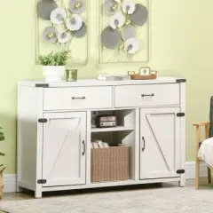 HOMCOM Wooden Farmhouse Sideboard, Storage Buffet Cabinet with 2 Large Drawers, X-Shaped Wine Rack, and Cabinets, Distressed White