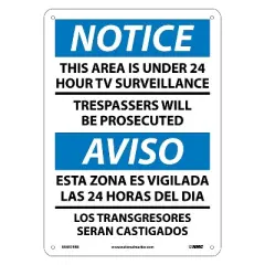 National Marker Notice Signs; This Area Is Under 24 Hour Tv Surveillance Bilingual 14X10 Rigid