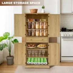 72" Kitchen Pantry Cabinet, Wood Color Kitchen Storage Cabinets with Adjustable Shelves and Doors, Versatile Storage