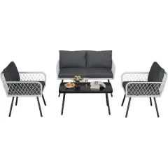 Acekool 3-Piece Patio Furniture Set with 2 PE Wicker Chairs & Loveseat, Glass Top Coffee Table, Outdoor Seating with Cushions for Balcony & Garden