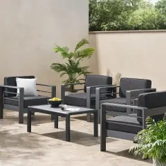 GDFStudio Mason Outdoor Aluminum 4 Seater Chat Set with Cushions, Gray and Dark Gray