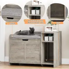 Cat Litter Box Enclosure &ndash; Hidden Litter Box Cabinet with Top Opening, Cushion, and Storage | Stylish Privacy Cat Litter Furniture