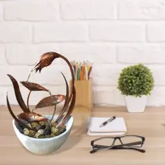 15" Indoor Metal Floral Leaf Tabletop Fountain with Stone-Filled Base Bronze/White - Alpine Corporation