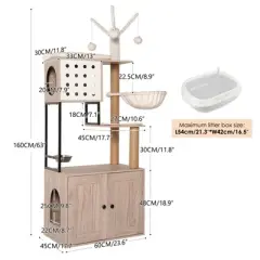 Kumasinova Modern Cat Tree Tower with Litter Box Enclosure,Cat Tower with Scratching Post&Feeding Bowl,Cat Trees with Removable Teaser Wand,Gray+White