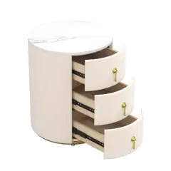 Sapphtopaz Round Night Stand with 3 Drawers Upholstered Bedside Table with Metal Handles, Marbling Stickers Top Nightstand for Bedroom