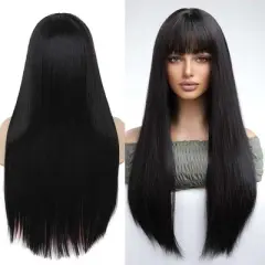 Jessie's Wig Long Straight Wig With Bangs Blended Human Hair Wigs for Women Soft Smooth Natural Black 18-38 Inch