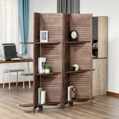 HOMCOM 4-Panel Folding Room Divider, 5.6 Ft Freestanding Paulownia Wood Privacy Screen Panel with Storage Shelves for Bedroom or Office