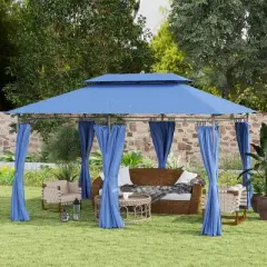 Outsunny&nbsp;10'&nbsp;x&nbsp;13' Patio Gazebo, Double Roof Outdoor Gazebo with Curtains and Metal Frame for Garden, Lawn, Backyard and Deck, Dark Blue