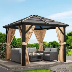 10x10ft Hardtop Gazebo, Outdoor Canopy Aluminum Frame Permanent Gazebo with Netting and Curtains, Polycarbonate Garden Tent for Patio Lawn Backyard