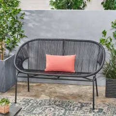 Outdoor PE Rattan Loveseat with Metal Frame,Patio Basket Loveseat with Hammock Weave,Wicker Loveseat for Garden or Backyard-Cuddlewood