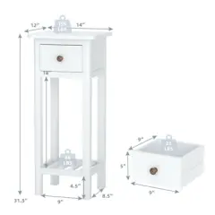 Costway 2PCS 2 Tier End Bedside Sofa Side Table with Drawer Shelf Acacia Wood Nightstand White