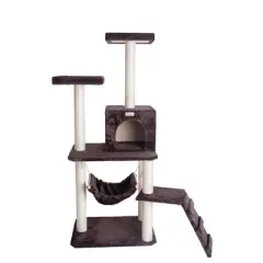 GleePet GP78570923  57-Inch Real Wood Cat Tree In Coffee Brown With Four Levels, Ramp, Hammock And Condo