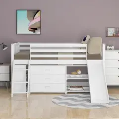 Low Twin Loft Bed With Bookcase, Separate Three Drawers, Pulling Ladder And Slide - ModernLuxe