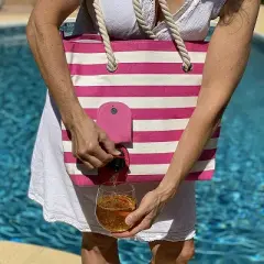 PortoVino 50oz Tote beach bag Drink Purse with Hidden Spout and Dispenser Flask for Drink Lovers, Pink/White